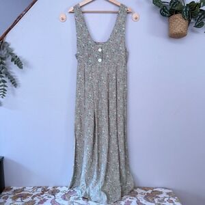 Vtg 90s Express Dress Cottagecore Prairie Home Green Pockets Floral Button Maxi